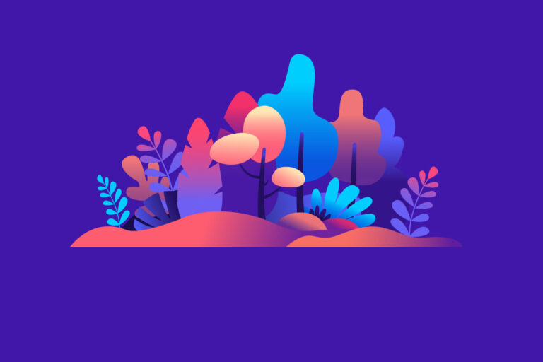 Graphics Design Minimalist abstract composition of a stylized forest with layered blue and red tree shapes.