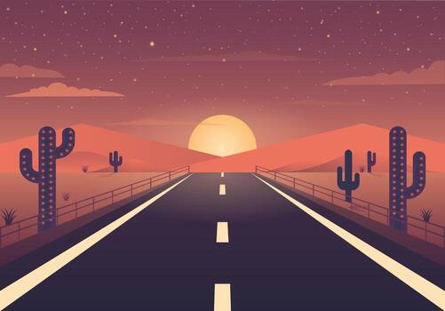 Graphics Design Nighttime landscape illustration of a road leading through a dark forest under a dramatic red and orange sunset sky.